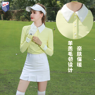 浅黄上衣白短裙中高腰女喇叭长裤 ZG6高尔夫女装 长袖 女时尚 球服装