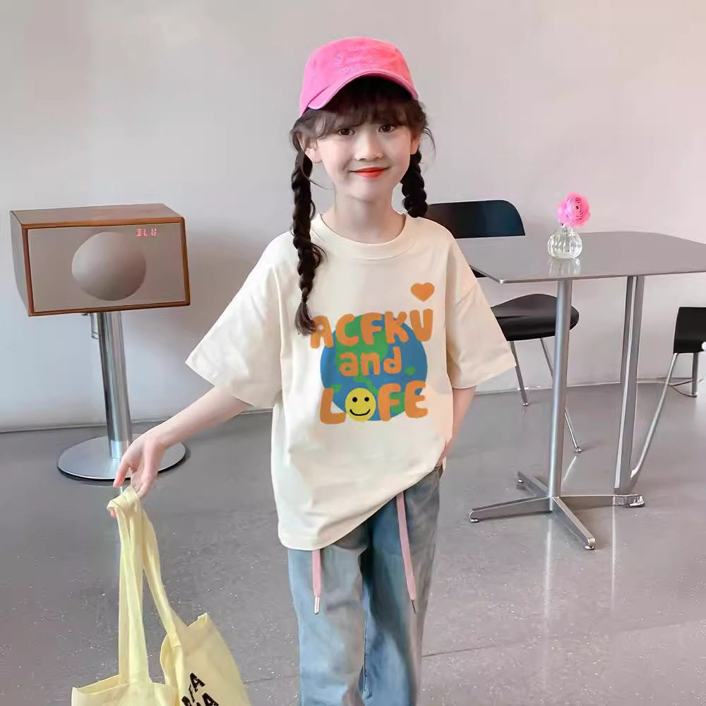 女童杏色短袖t恤新款儿童纯棉体恤夏季中大童衣服女孩薄款上衣潮