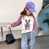 T恤新款 插肩袖 春秋季 女童纯棉长袖 儿童打底衫 中大童女孩卡通上衣