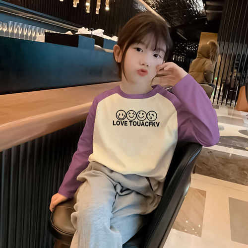女童纯棉插肩长袖T恤春秋新款