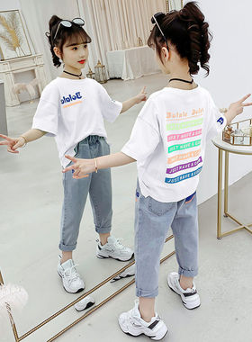纯棉夏季新款童装小女孩中大童短袖T恤女小学生儿童上衣白色衣服