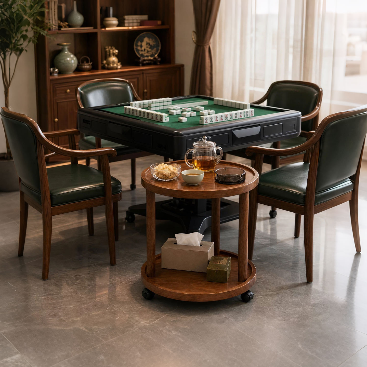 双层圆形茶几棋牌室边几带烟灰缸图片