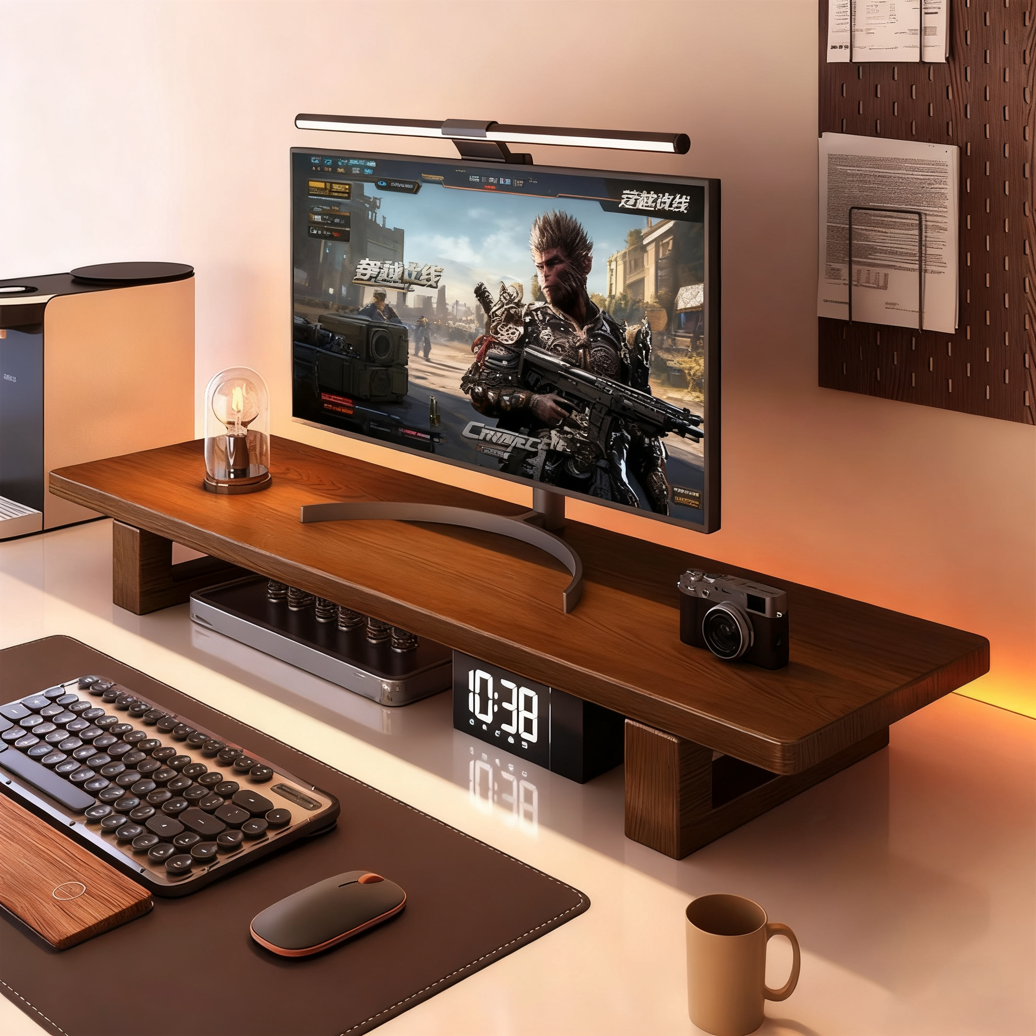 新款实木台式电脑萤幕增高架办公桌置物架桌面收纳层架胡桃色托架