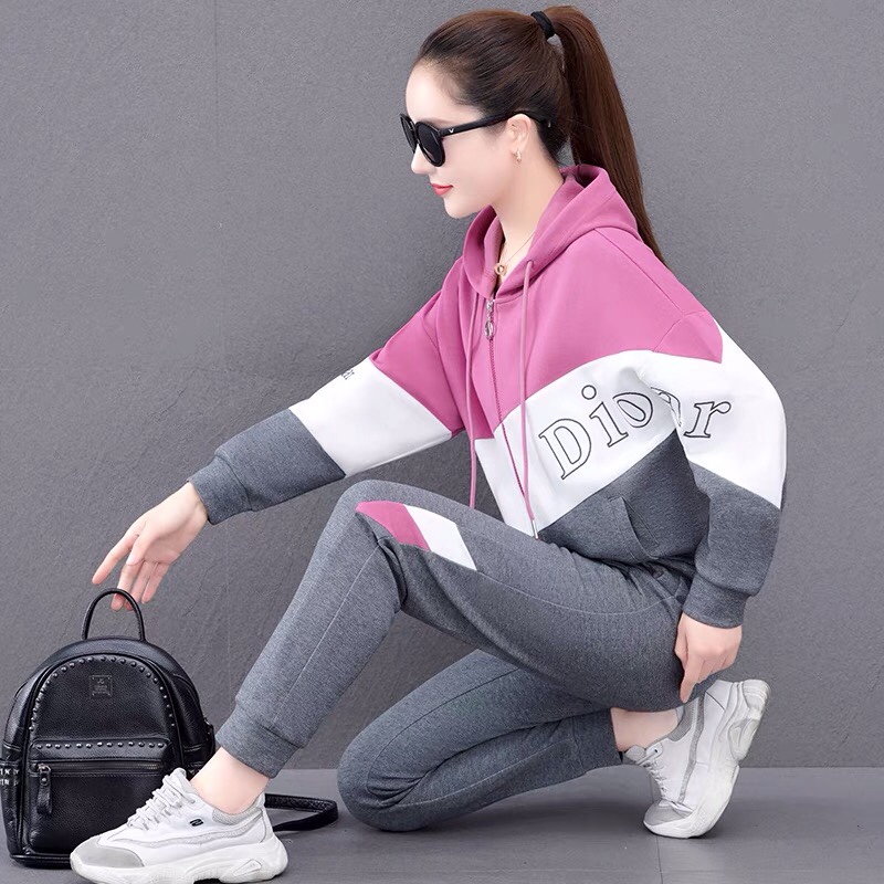 休闲运动服套装女2022春秋新款时尚洋气连帽卫衣长裤显瘦两件套装
