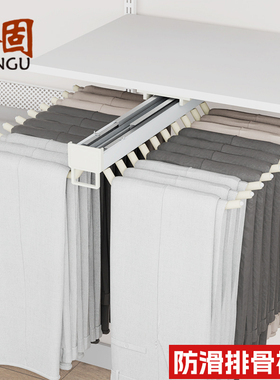 排骨抽拉裤架白灰色衣帽间衣柜内侧顶装多层板多功能伸缩加粗裤架