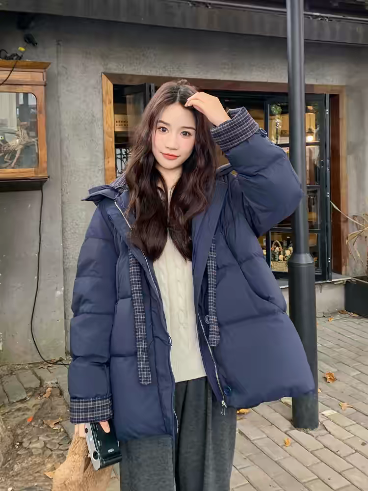 深藏蓝色飘带格纹短款羽绒服女冬设计感超好看面包服外套amo9571,女装/女士精品,羽绒服,淘宝优惠券,粉丝福利购,淘宝优惠卷