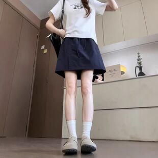 藏青色山本工装裙裤女春季新款大码胖mm高腰遮胯显瘦a字五分裤潮