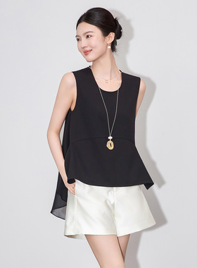 2510401-时尚显瘦廓形感不规则圆领无袖上衣优雅气质南油女夏新款