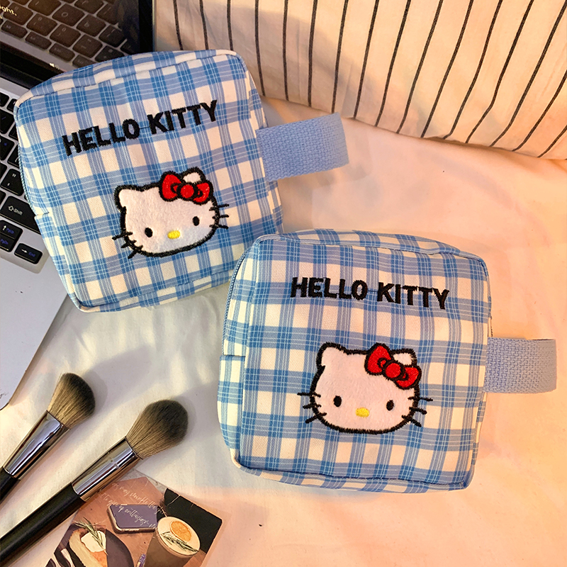 kitty猫手提化妆包蓝色格子小包