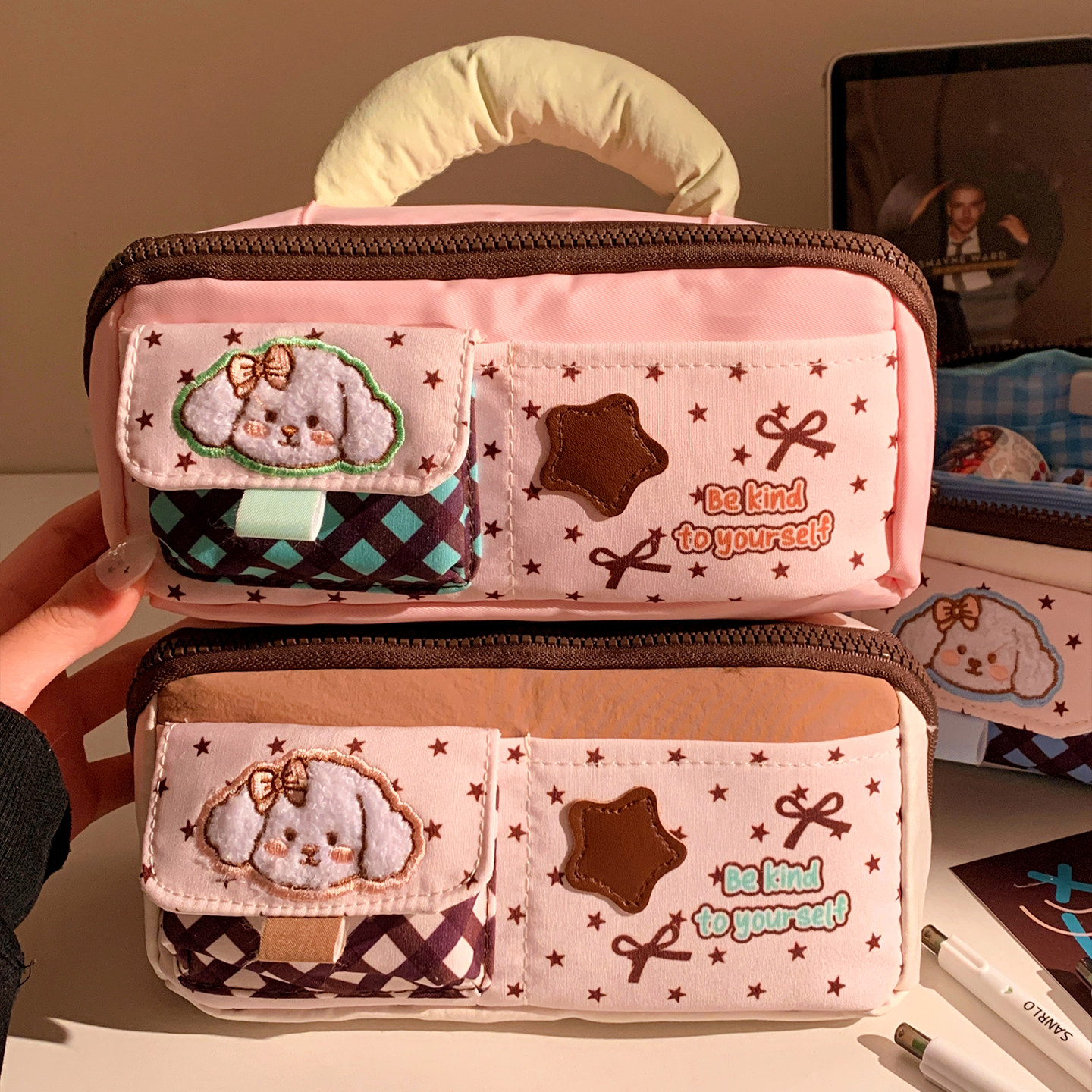 可爱星星小狗笔袋高颜值ins风学生大容量分区女孩文具收纳铅笔盒,文具电教/文化用品/商务用品,笔袋,淘宝优惠券,粉丝福利购,淘宝优惠卷