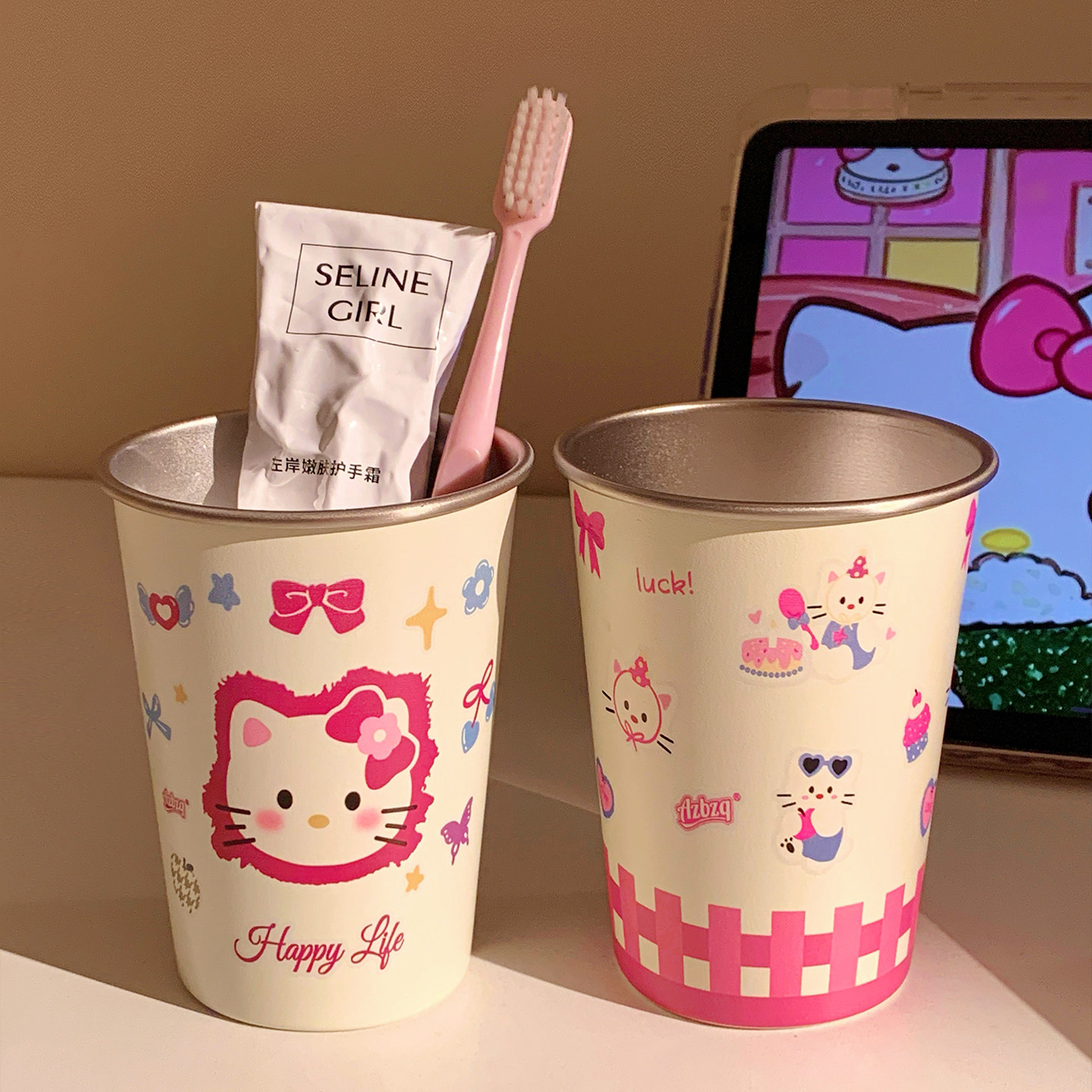 可爱猫咪不锈钢漱口杯家用牙具牙缸粉色洗漱杯子学生宿舍刷牙杯女