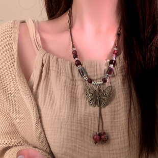 波西米亚异域民族风蝴蝶项链女新中式复古长款吊坠挂脖配饰配裙子