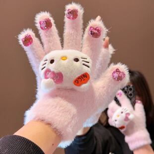 粉色猫咪水钻毛绒手套带钻可爱美甲女生冬季保暖骑行防寒露指触屏