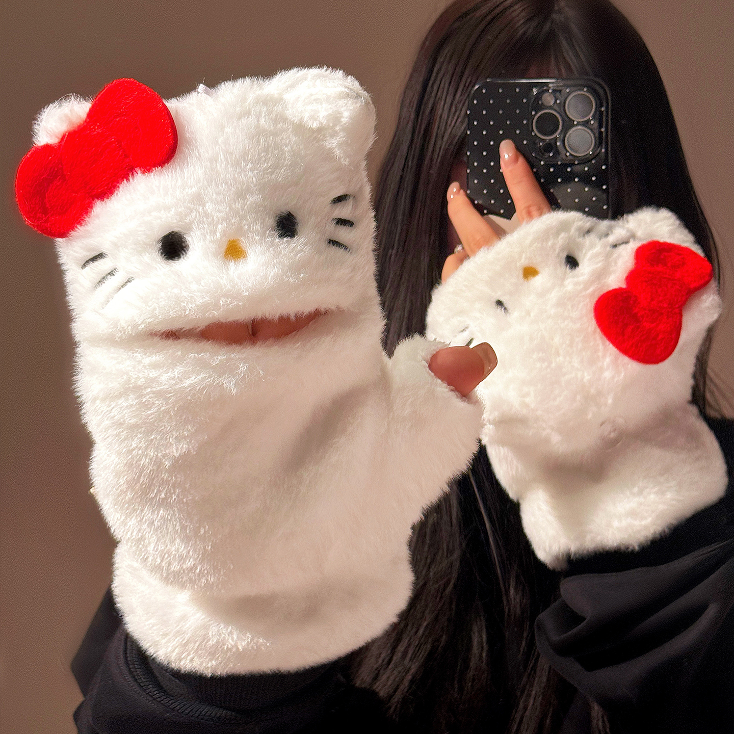 可爱kitty猫半指翻盖毛绒手套女