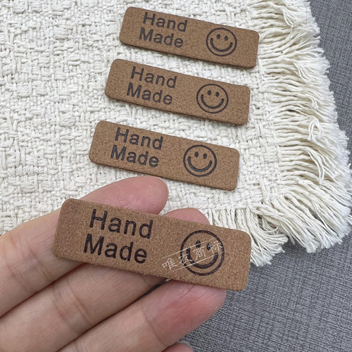 2026简约handmade笑脸皮标现货原创百搭布标标可缝手工DIY包包