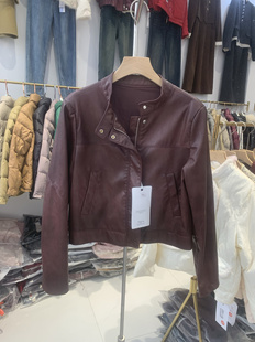 安克拉酒红色pu皮衣圆领外套女短款2025早春季新款爆款小立领夹克