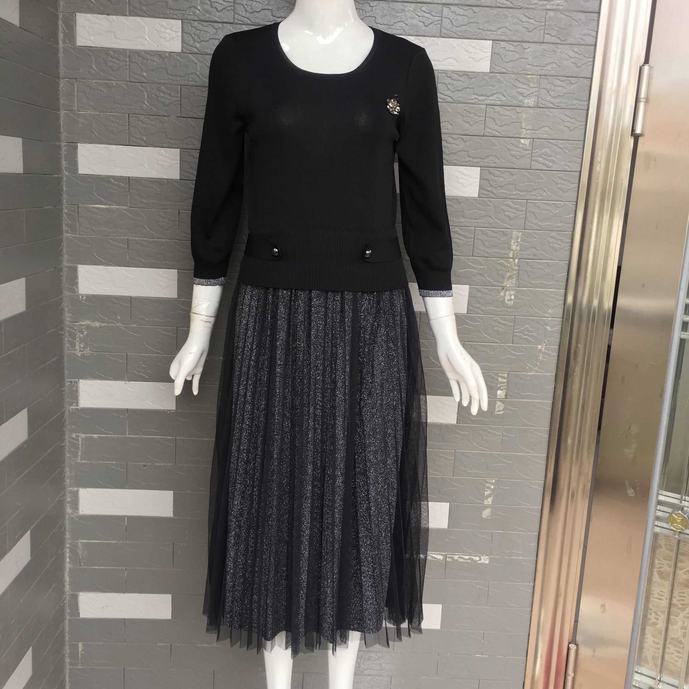 湘之秀正品时尚修身气质韩版百褶纱网拼接长款仙女连衣裙2024秋