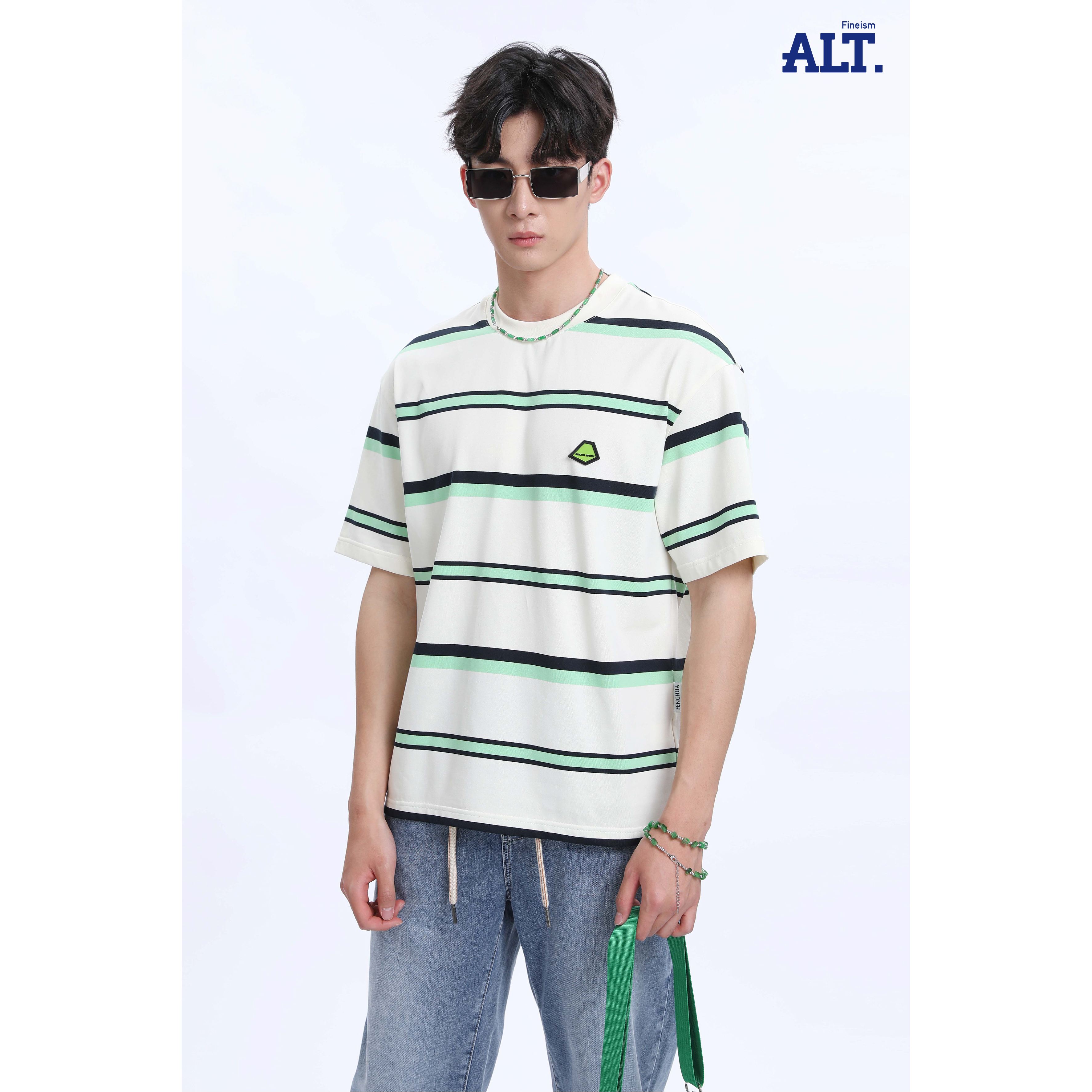 阿恩蓝拓宽松条纹圆领休闲短袖