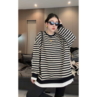 圆领条纹t恤女春季新款宽松百搭大版中长款打底衫减龄显瘦体恤潮