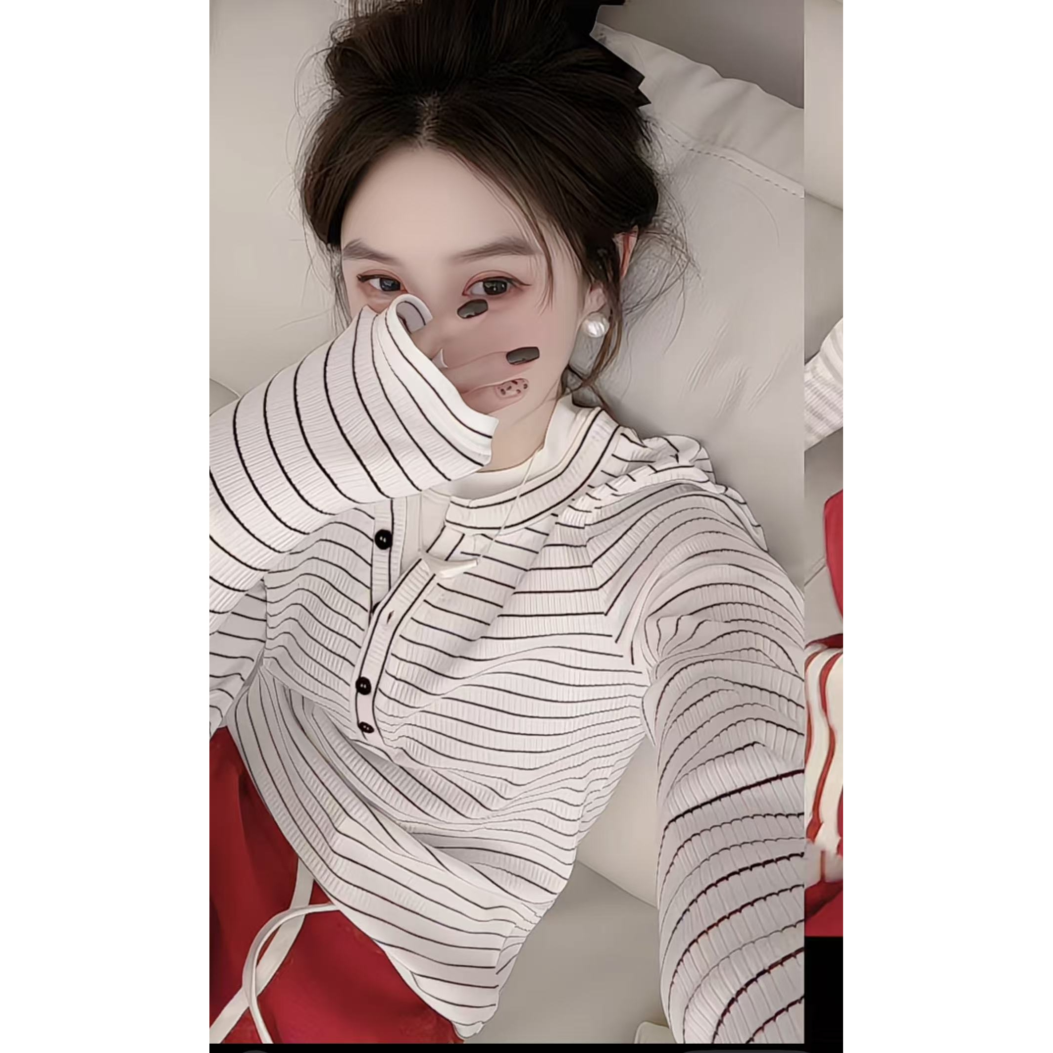 圆领假2件套针织衫女冬季新款宽松百搭上衣条纹拼接减龄毛衣女潮