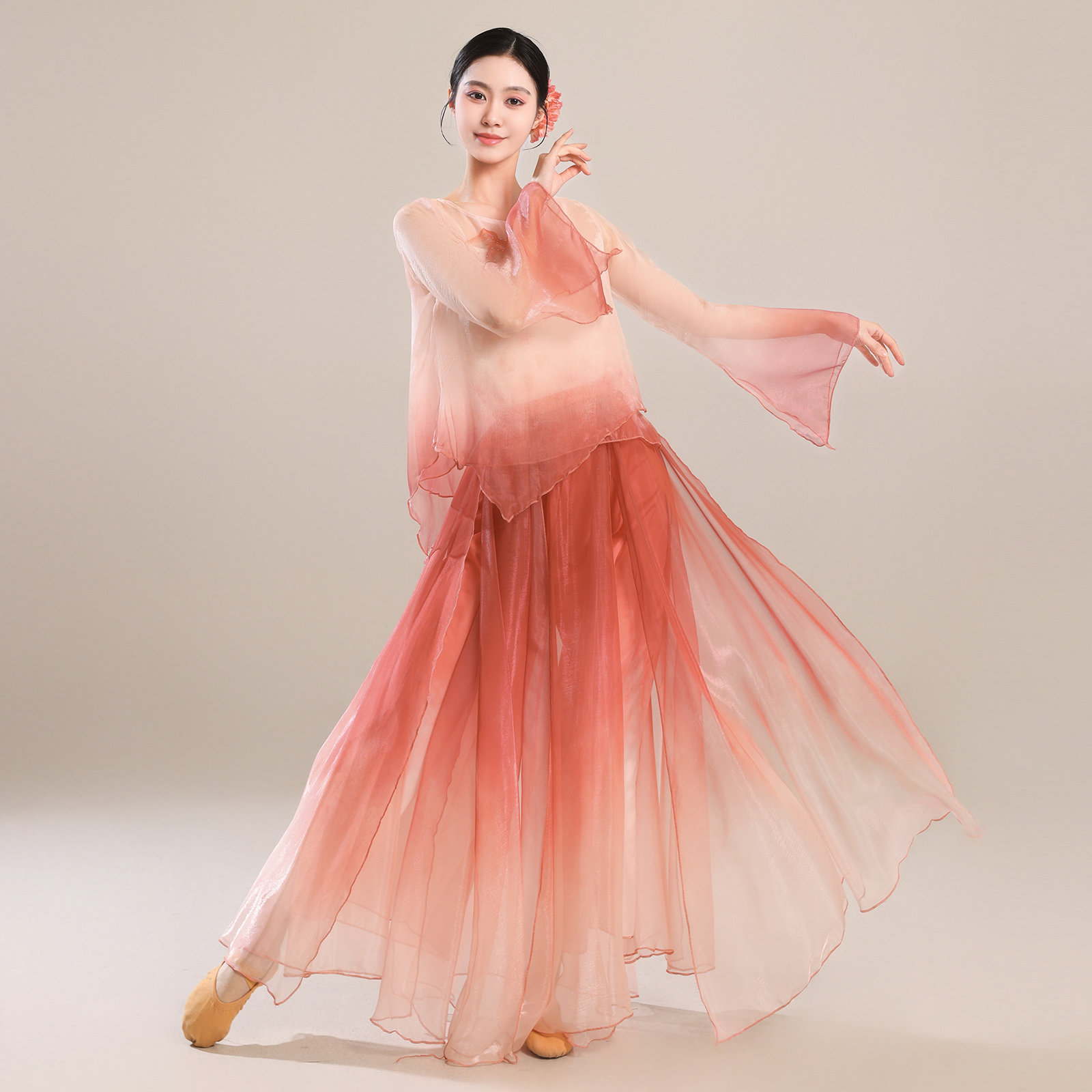 新款古典舞蹈演出服女凤凰红渐变色飘逸纱衣中国风扇子舞表演服装