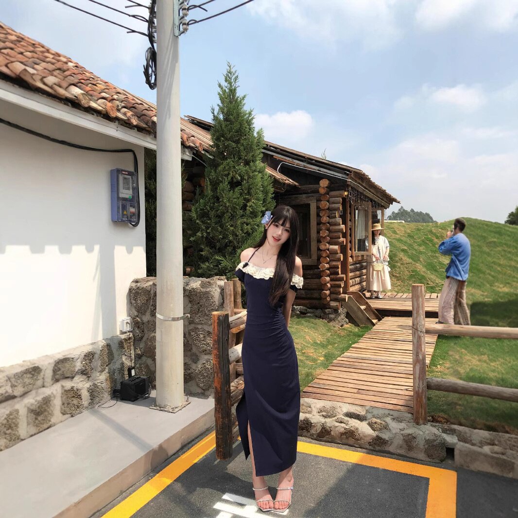 法式小飞袖一字肩连衣裙子女夏季2026新款小个子独特漂亮掐腰长裙