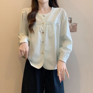 2025春季 大码 甜美减龄薄荷绿色圆领衬衫 新款 上衣 女装 胖mm遮肉小衫