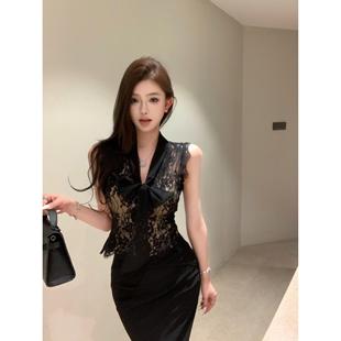 显瘦黑色上衣外穿 蝴蝶结v领无袖 蕾丝背心女夏季 新款 纯欲性感修身