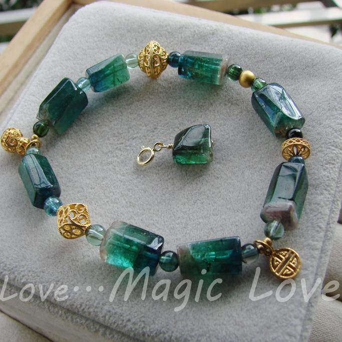 【Magic Love】天然老料浓艳蓝绿西瓜碧玺长方随形原石18k金手链