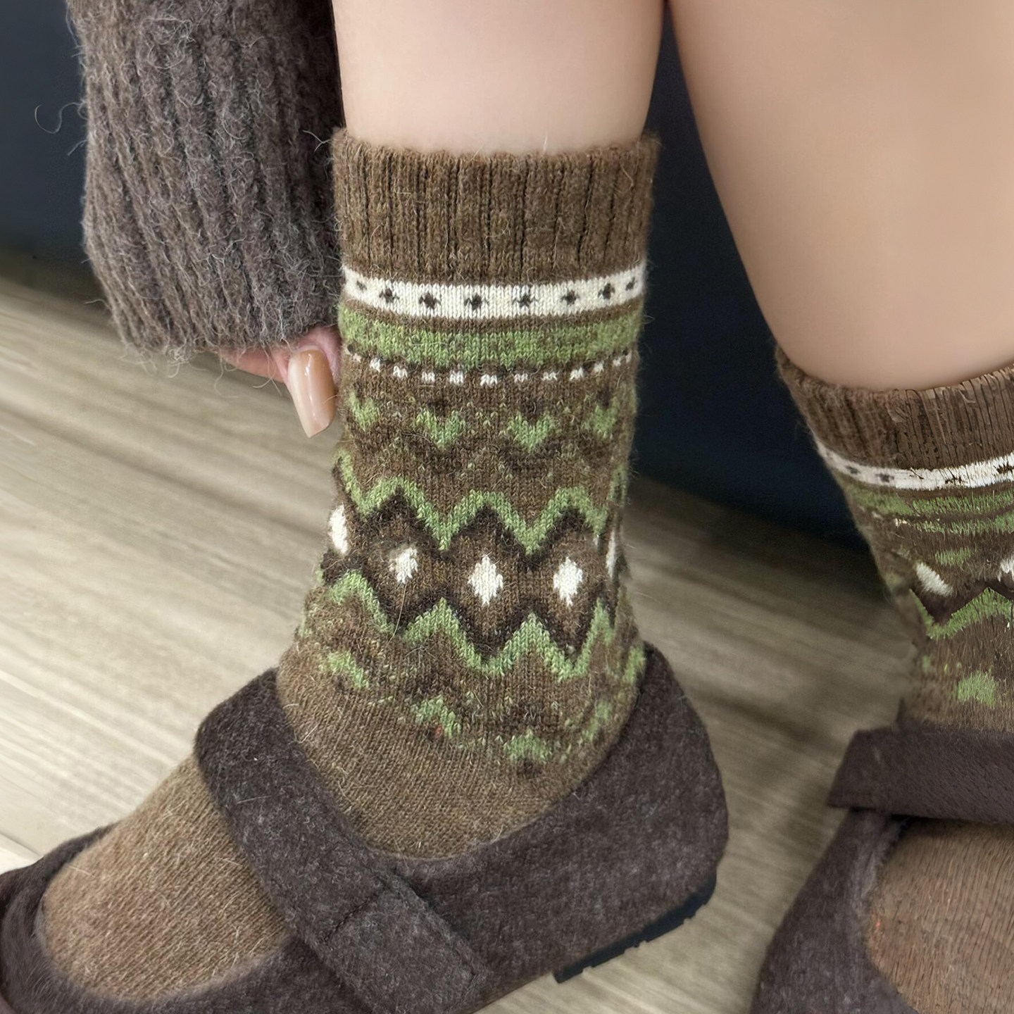 复古味道~浓浓的栗子棕！费尔岛羊毛袜好秋冬呀~袜子女加厚款保暖