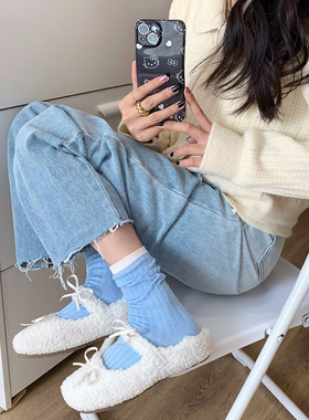 boombomb纯色布标中筒袜韩系棉质百搭日系竖条纹标签堆堆袜女白色