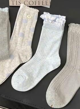 浅春~miu系灰蓝色系真的太美了！灰色袜子女春秋韩系堆堆袜日系棉