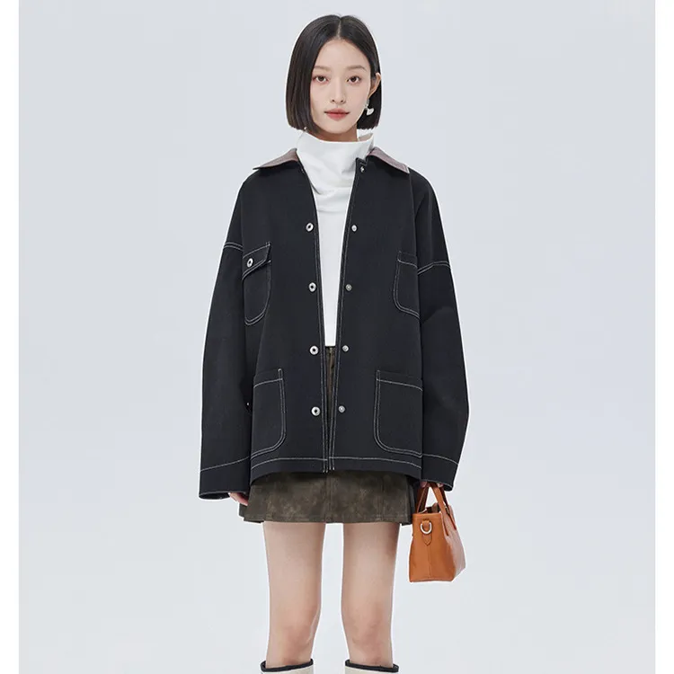 进口中空纱 巴恩风工装口袋宽松皮领外套女 2025春秋新品休闲夹克