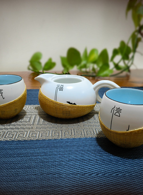 手工竹丝扣瓷竹编茶具套装商务礼