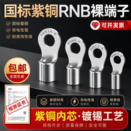 国标紫铜焊接RNB铜线鼻子O型冷压接线端子2/3.5/5.5/14/22-4/6/8/