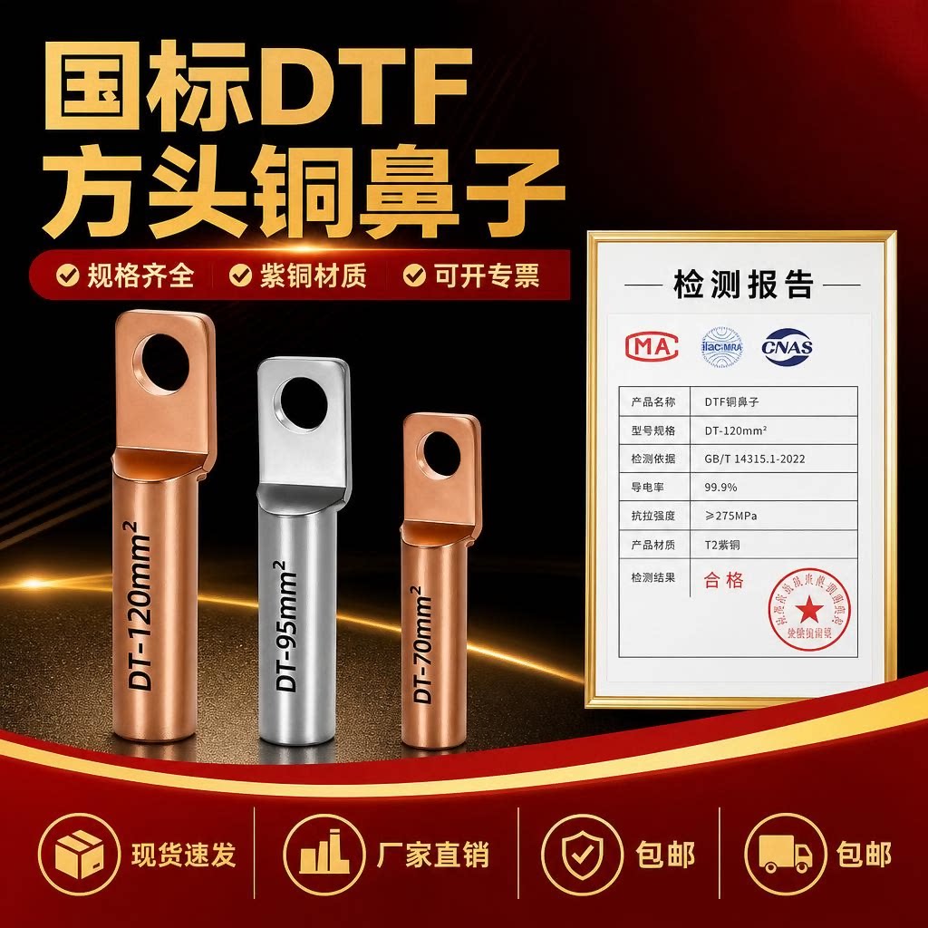 DTF方头铜鼻子国标紫铜线鼻子240/300平方断路器线耳镀锡接线端子