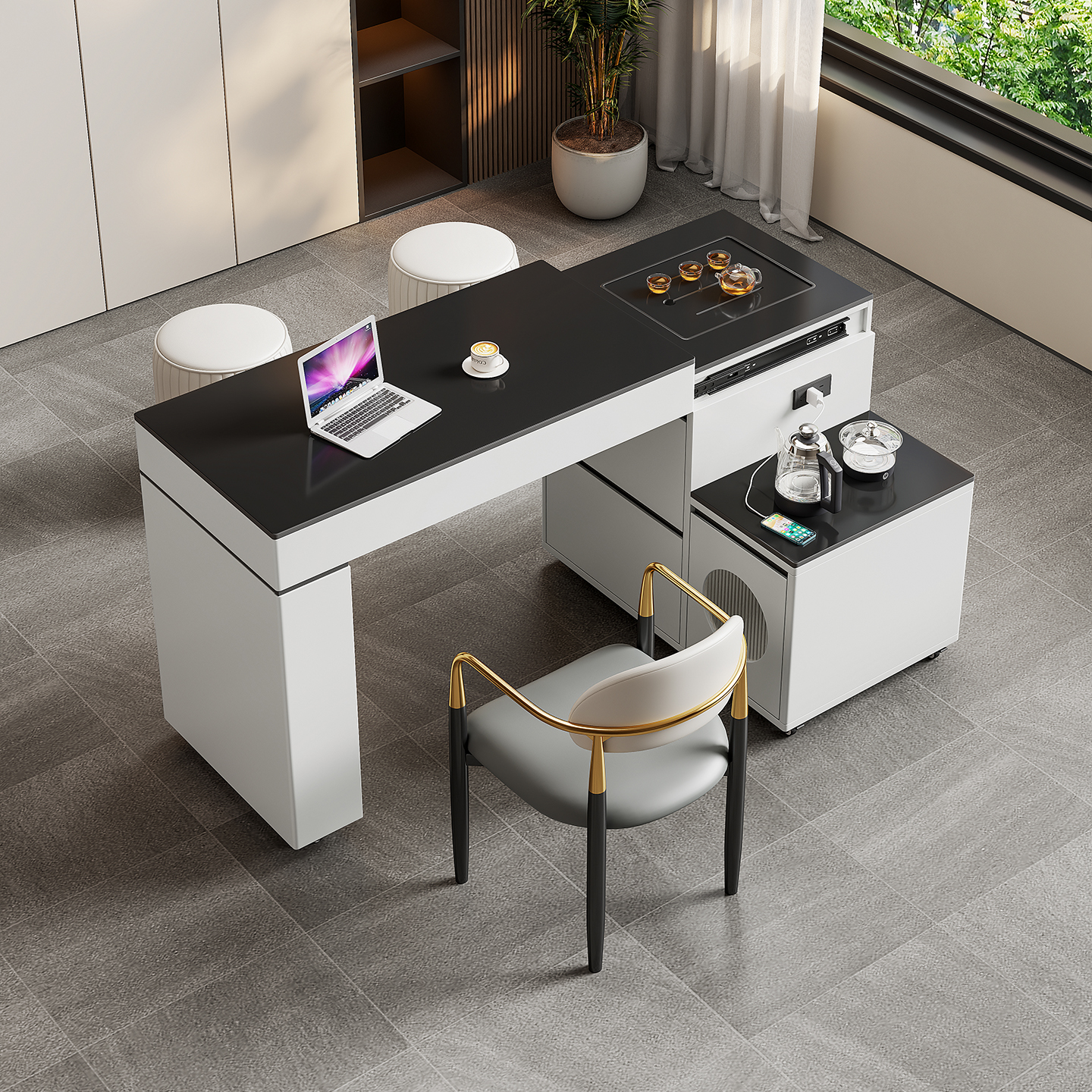 现代简约轻奢岩板茶桌椅组合家用阳台泡茶桌可旋转伸缩移动小茶台