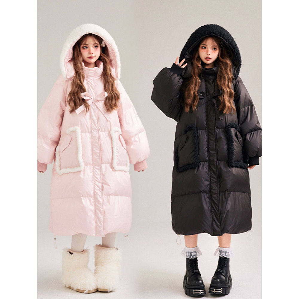 【编织梦境】粉色蝴蝶结可爱减龄宽松气质中长款棉服外套女冬季