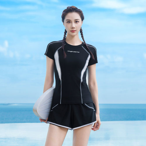 运动分体短袖遮肚显瘦速干泳衣