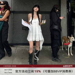 韩好甜WARDEN EDGE 白色天丝吊带裙女夏不规则蕾丝拼接短裙连衣裙
