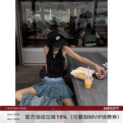 WARDENEDGE牛仔拼格子蓝色半裙