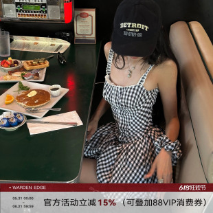 韩好甜WARDEN EDGE黑白格子连衣裙女收腰显瘦小个子吊带裙A字短裙