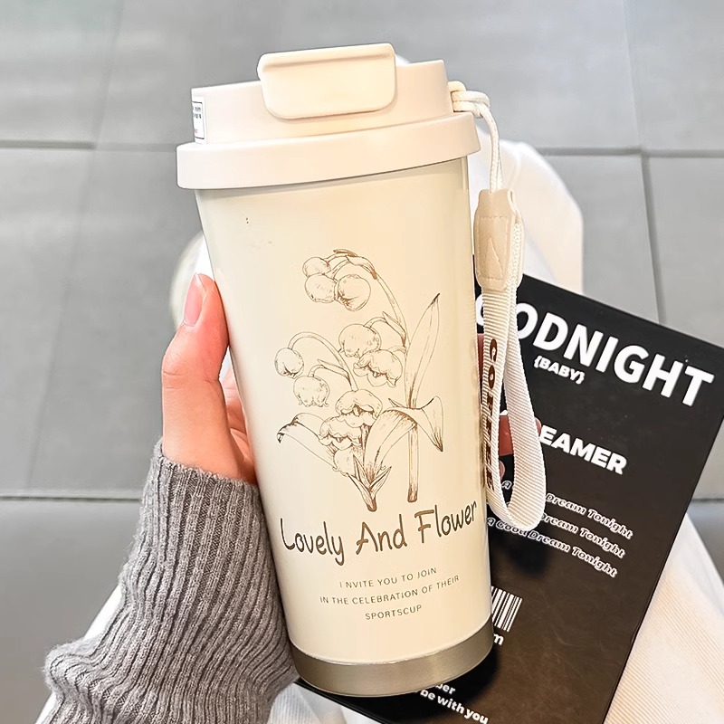 新款水杯铃兰保温杯316不锈钢咖啡杯女生大容量高颜值吸管杯子