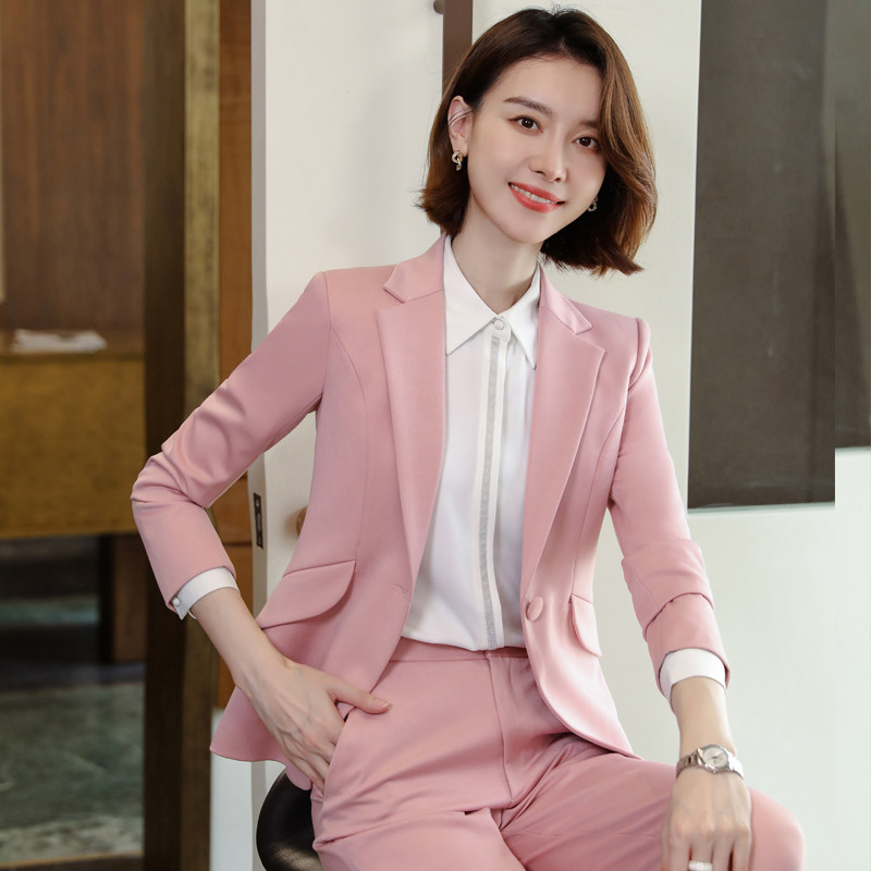 高端新闻播音主持人西装正装女秋冬粉色西服套装艺考上镜服装女装