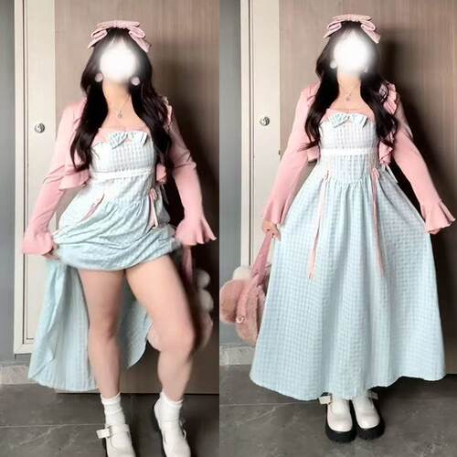 胖mm甜美风收腰吊带连衣裙套装女