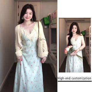 開衫 套裝 女2025春夏新款 純欲風(fēng)蕾絲碎花吊帶連衣裙收腰防曬長袖 潮