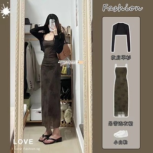 套裝 純欲風吊帶連衣裙復古收腰顯瘦碎花裙防曬開衫 女2025春夏新款