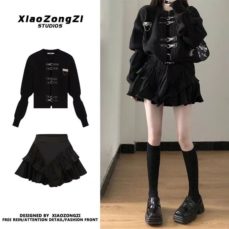 秋冬新款设计感小众皮扣开衫毛衣外套高腰a字蓬蓬半身短裙套装女