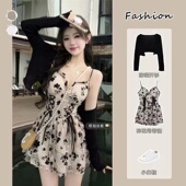 木耳边防晒开衫 新款 V领收腰短裙 女夏季 纯欲风碎花吊带连衣裙套装