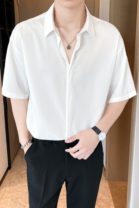 免烫顺滑ins轻熟风夏新宽松休闲青年潮纯色短袖衬衫男Q53P40,男装衬衫,电商A222（原电商A231）